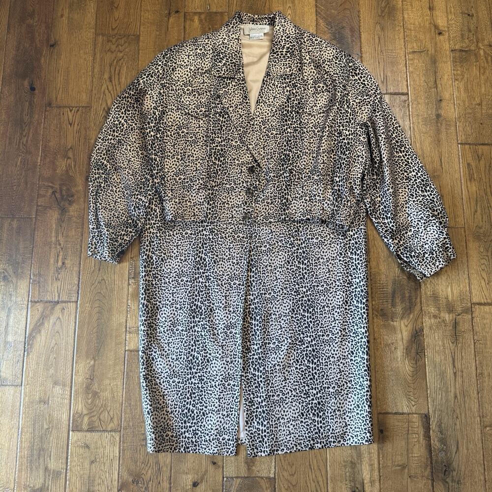 VTG Vera Cristina Suit Skirt Womens Sz 16 100% Silk Cheetah Print Skirt Blazer